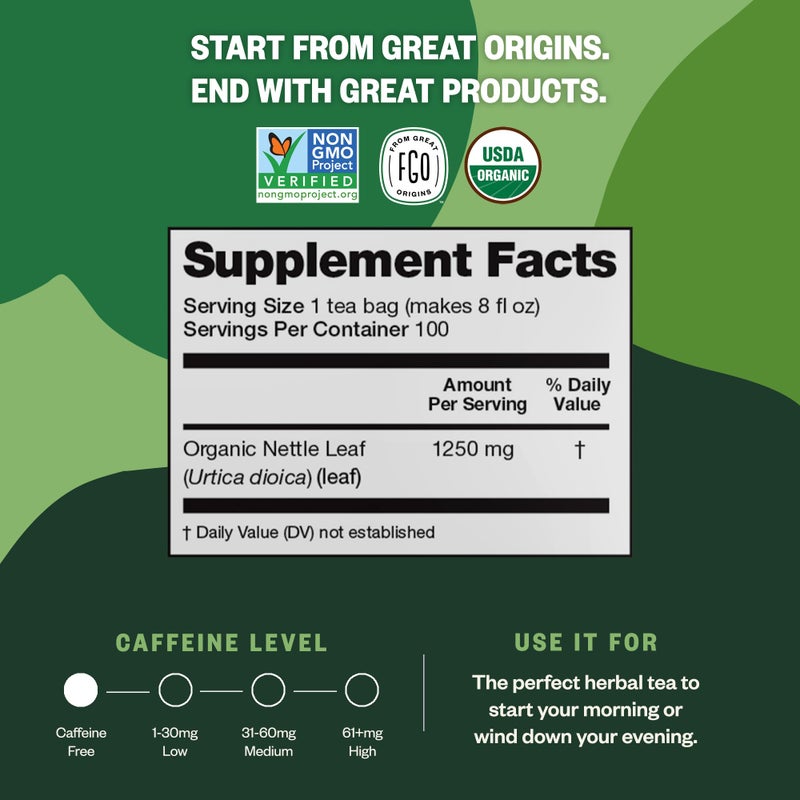 FGO Organic Nettle Leaf Tea, 100 Count, Eco-Conscious Tea Bags, Caffeine Free, Resealable Bag, Packaging May Vary (Pack of 1) - Image 3